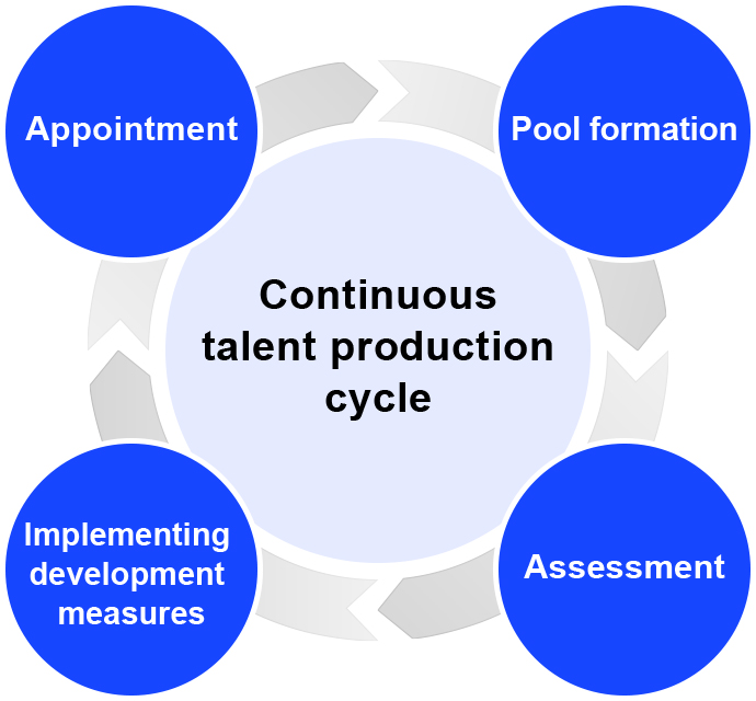 Continuous talent production cycle, Pool formation, Assessment, Implementing development measures, Appointment