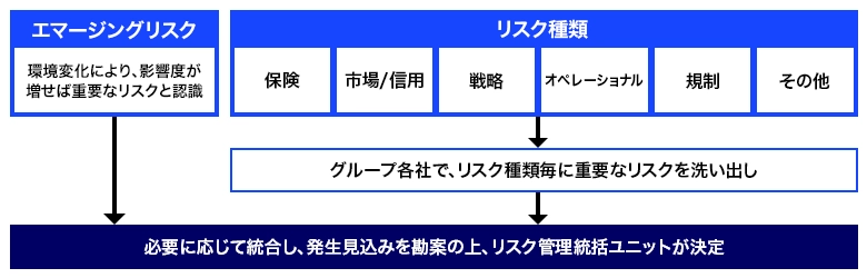 重要なリスクと選定プロセス エマージングリスクは環境変化により、影響度が増せば重要なリスクと認識。保険や市場/信用、戦略などの各種リスクはグループ各社で、リスク種類毎に重要なリスクの洗い出しを行う。そして、必要に応じて統合し、発生見込みを勘案の上、リスク管理統括ユニットが決定する。