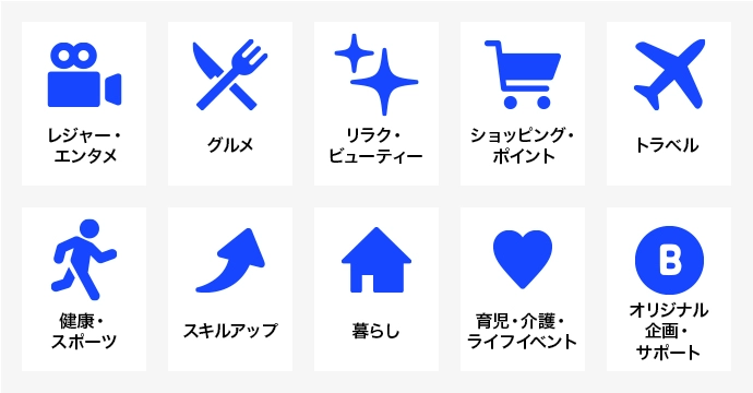 レジャー・エンタメ、グルメ、リラク・ビューティー、ショッピング・ポイント、トラベル、健康・スポーツ、スキルアップ、暮らし、育児・介護・ライフイベント、オリジナル企画・サポート